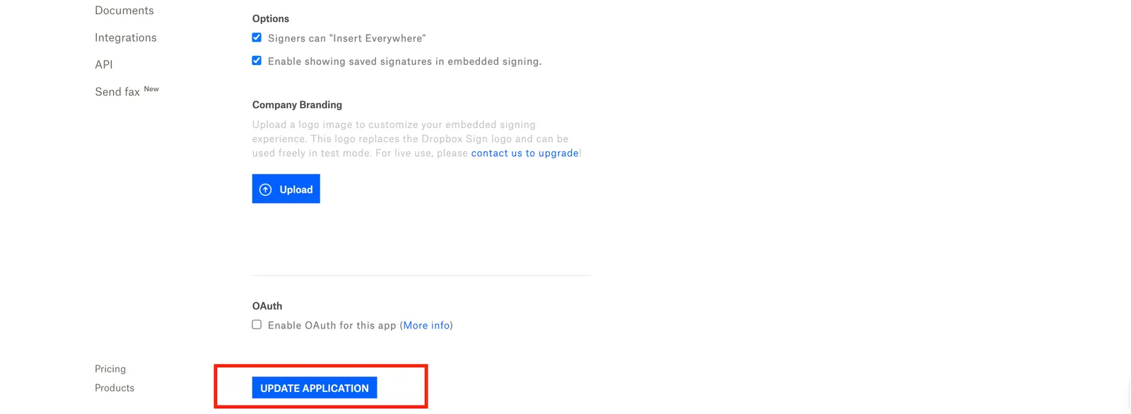 Setting enabled and update application button
