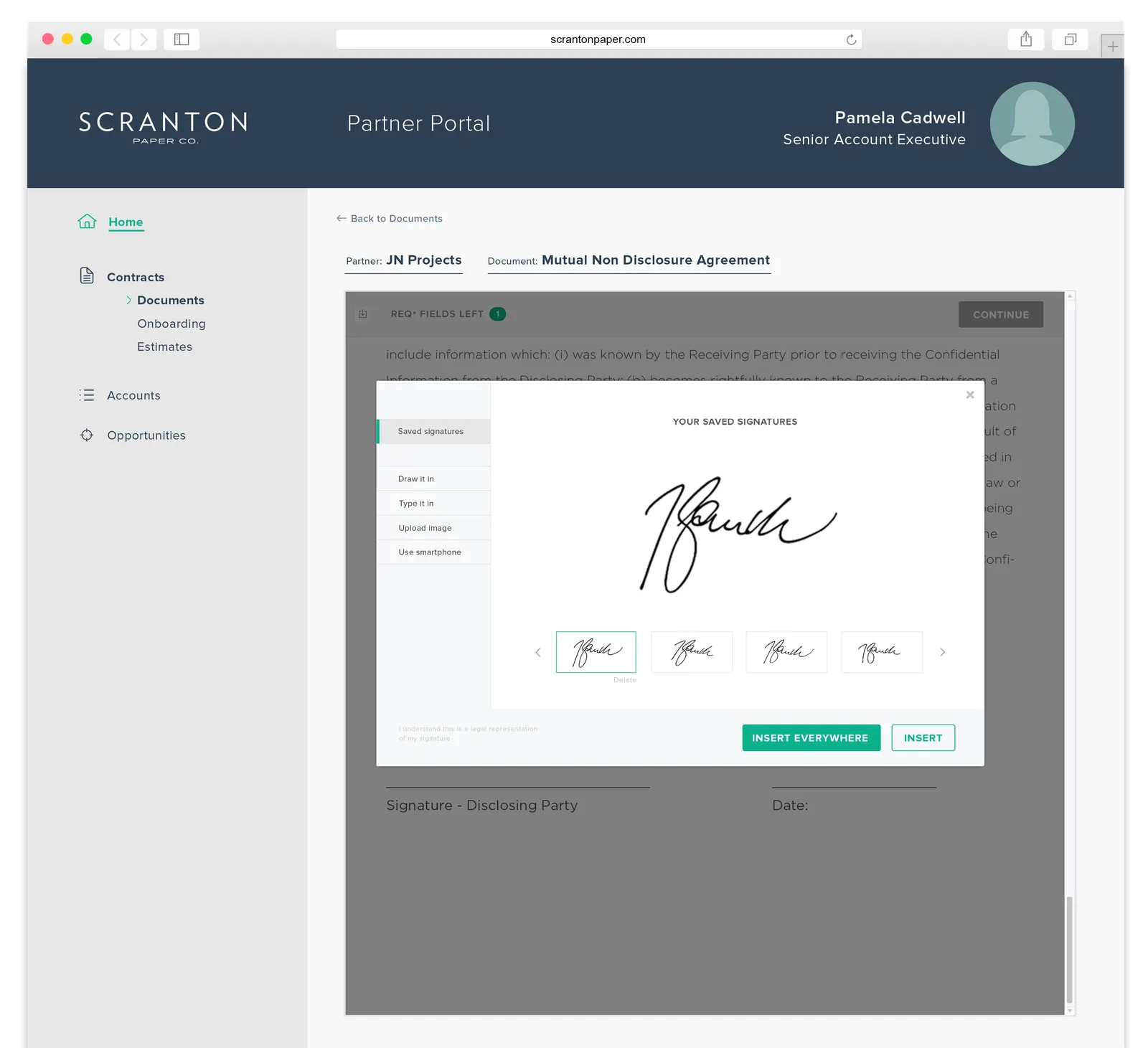 #width=550px; Shows the personalized in the signature modal as they choose from available signature options