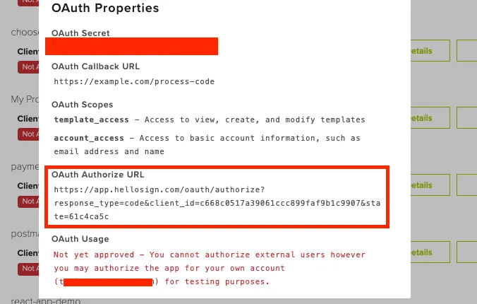 Screenshot of Authorization url on app details page