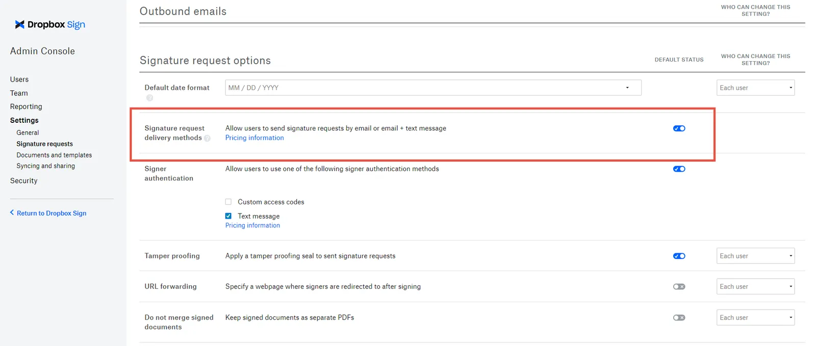 The Dropbox Sign Admin Console delivery method setting.