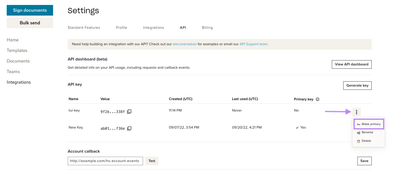 #width=650px; Screenshot showing the api dashboard and location of the Primary key button.