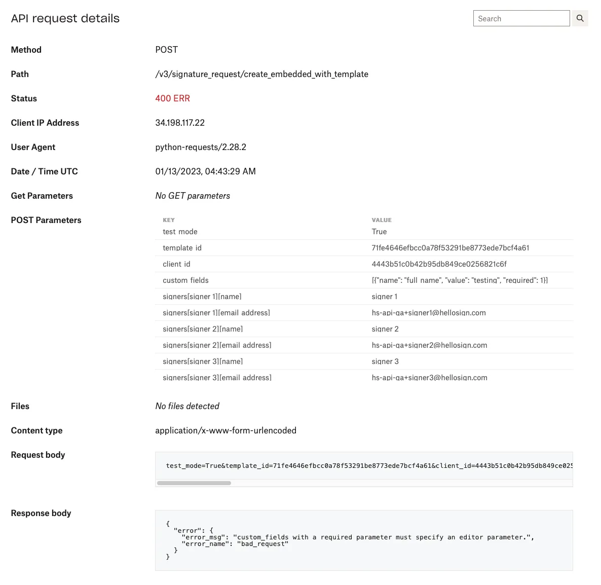 Details for a specific api call which was unsuccessful