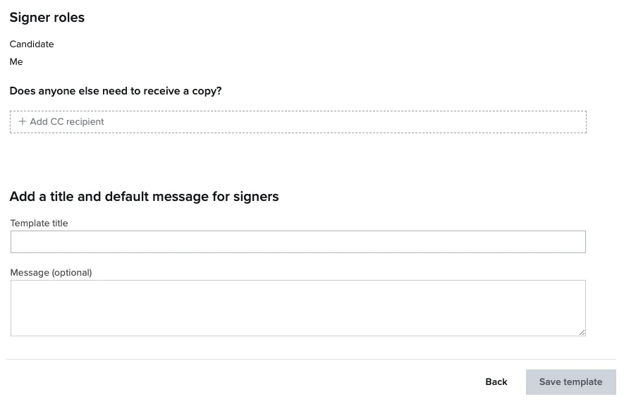 Screenshot of CC recepients, title and message in template editor