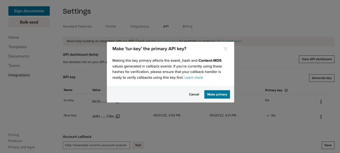 #width=650px; Screenshot showing a modal confirming you want to make the key primary.