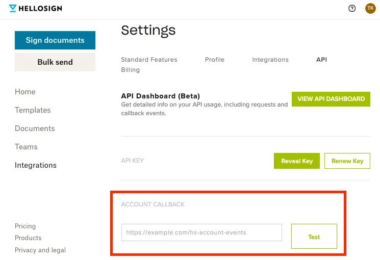 Screenshot of account callback url in Dropbox Sign account settings page