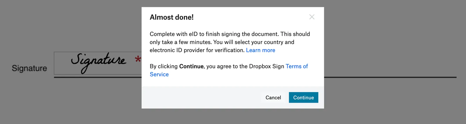 Screenshot of popup, saying 'Almost done! Complete with eID to finish signing the document'