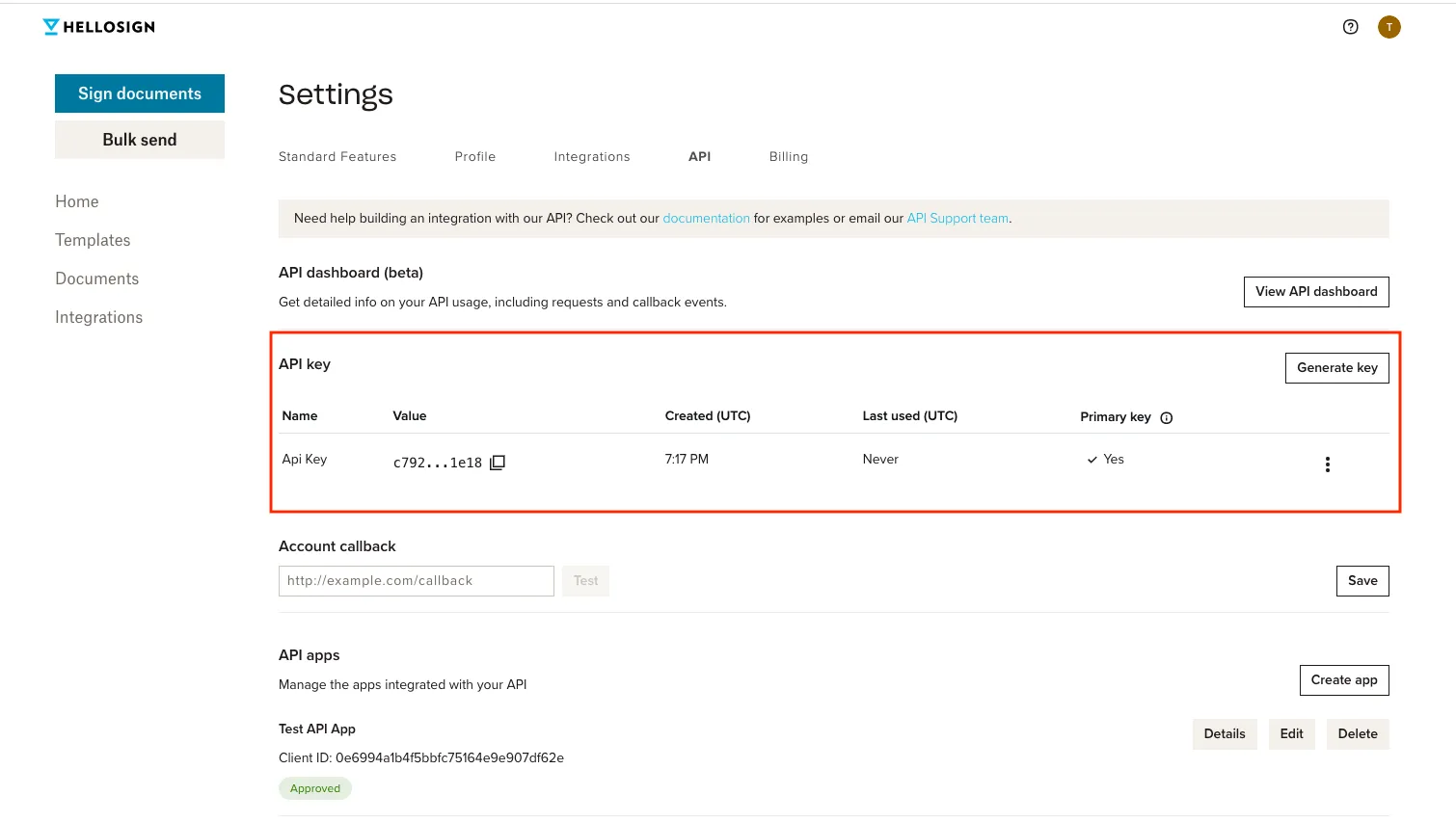 #width=650px; Screenshot showing the api settings page and location of api key table.