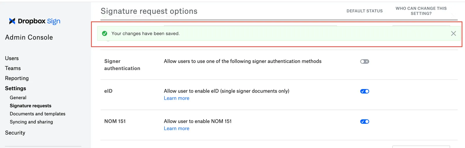 Image of successful enablement notification