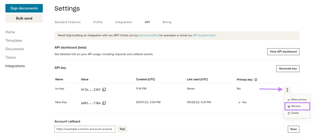 #width=650px; Screenshot showing the api dashboard and location of the Rename key button.