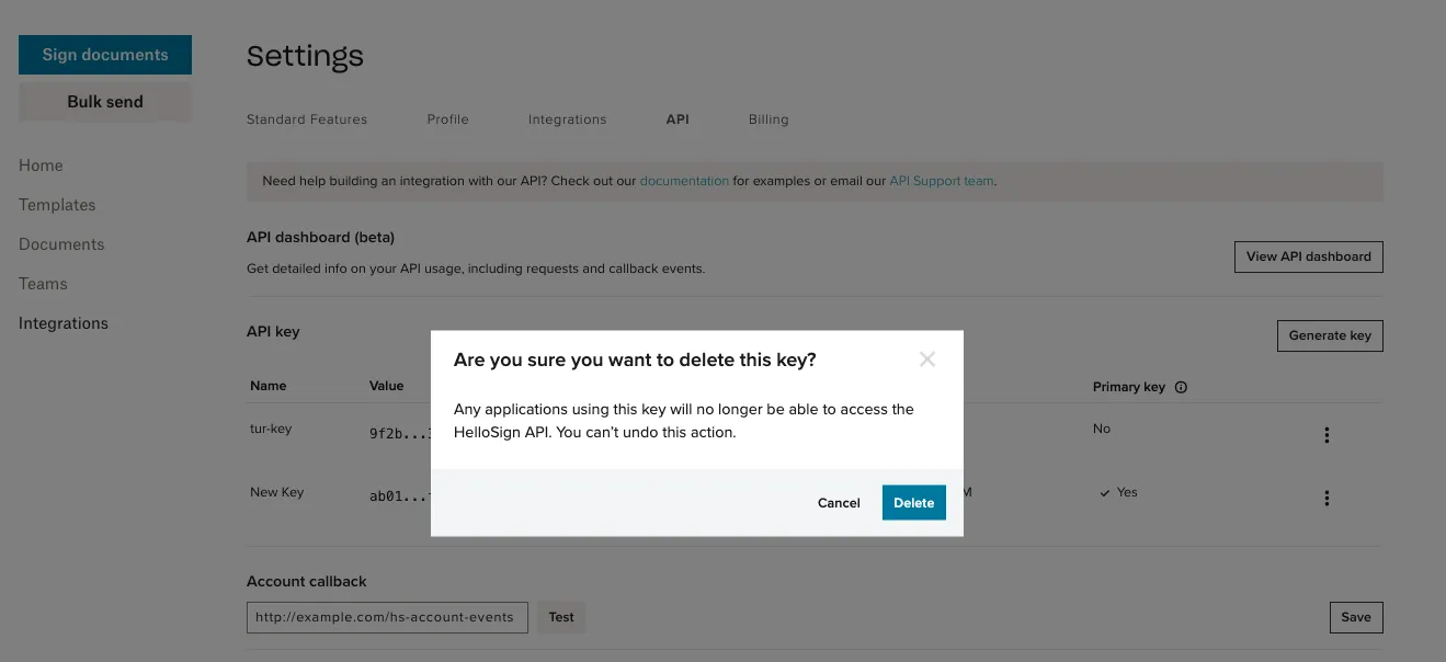 #width=650px; Screenshot showing a modal where users confirm deletion of api keys.