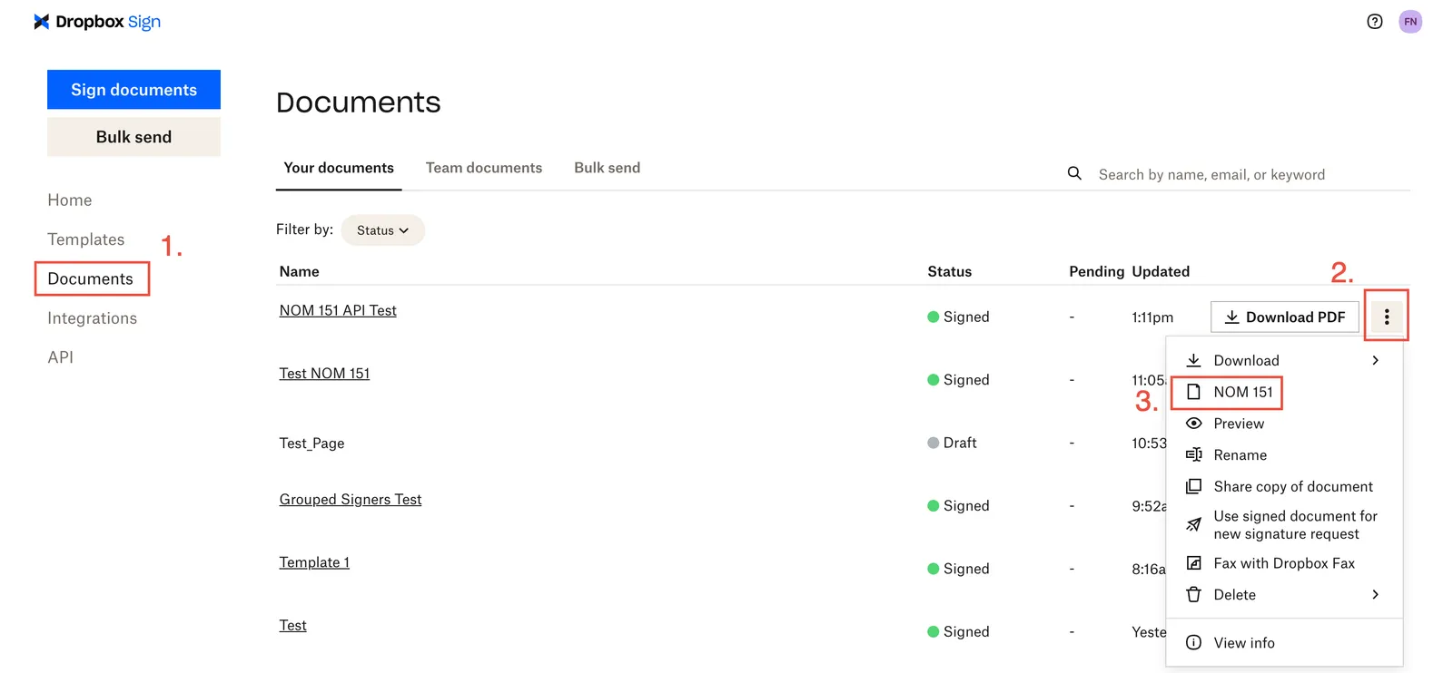 Image of NOM 151 cert in account UI Documents tab