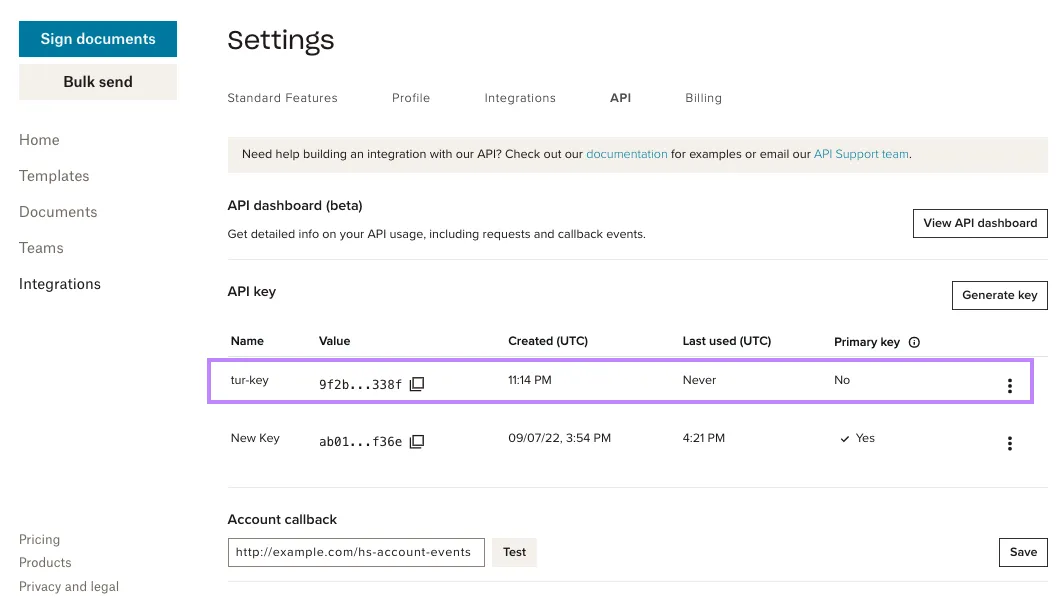 #width=650px; Screenshot showing the api dashboard with the new API key listed on the API key table.