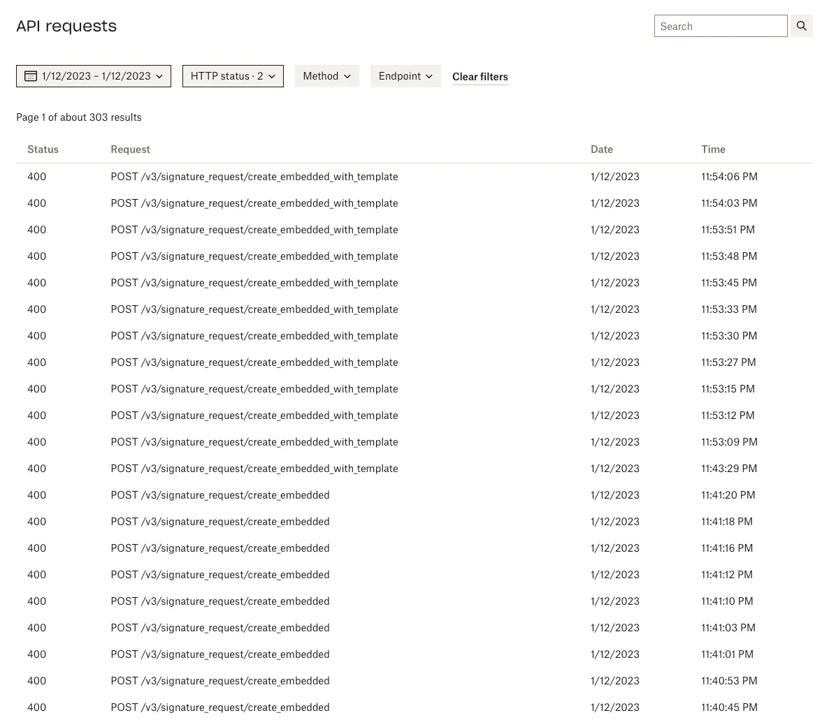 Api requests page listing failed api calls only