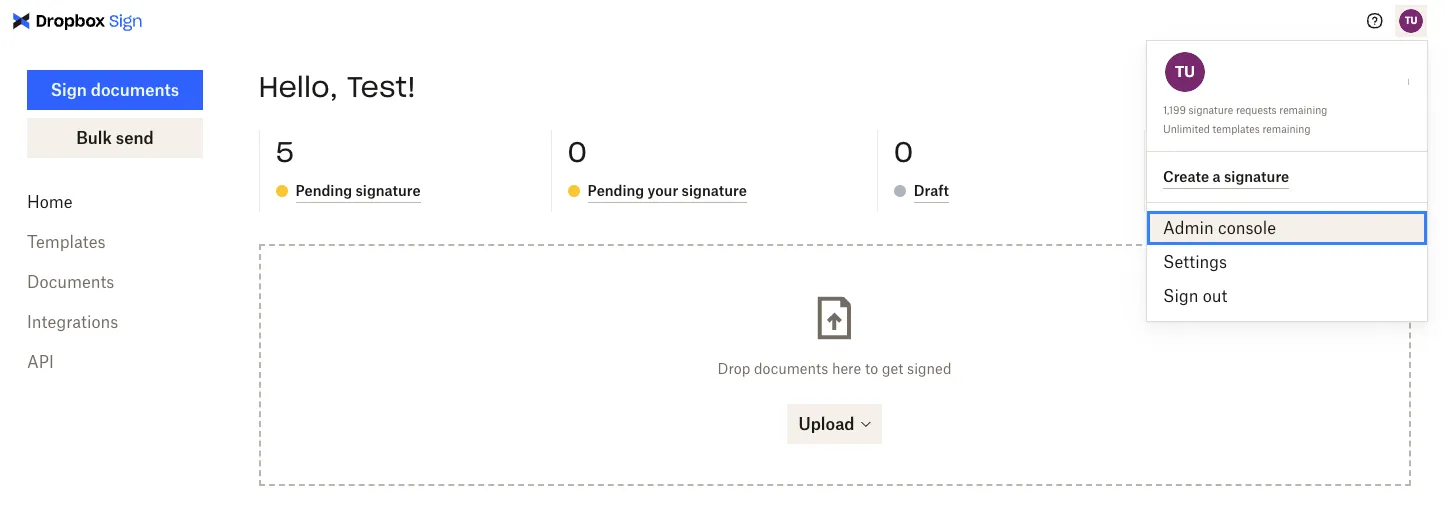 Screenshot of Dropbox Sign user menu