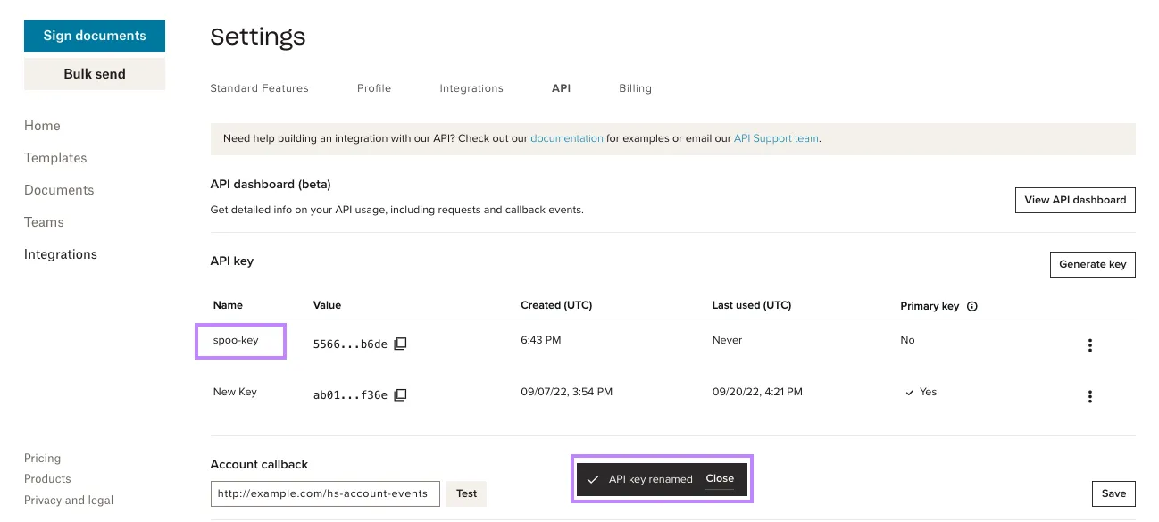 #width=650px; Screenshot showing the api dashboard with a confirmation banner of key being renamed.