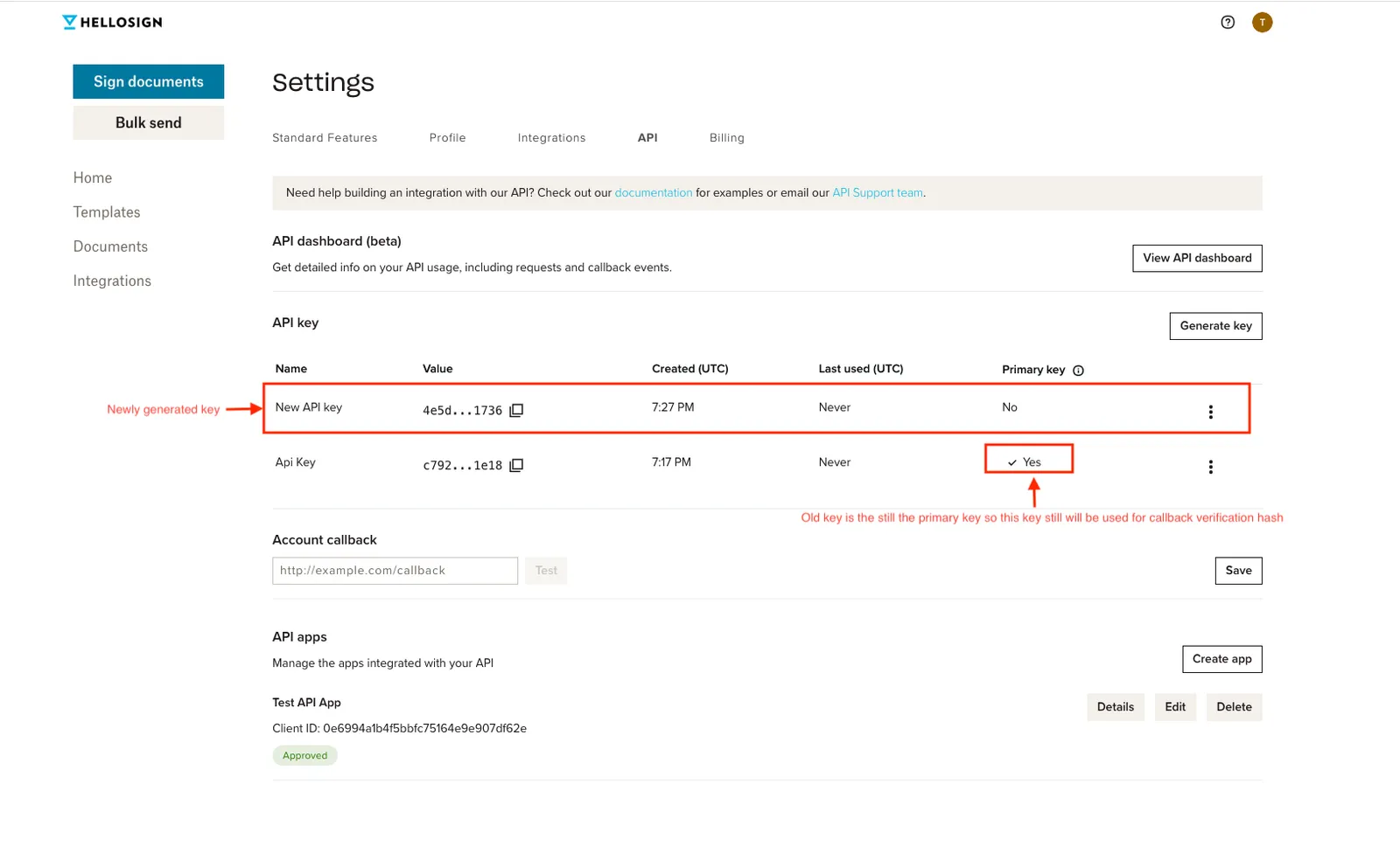 #width=650px; Screenshot showing location of new key on api settings page.
