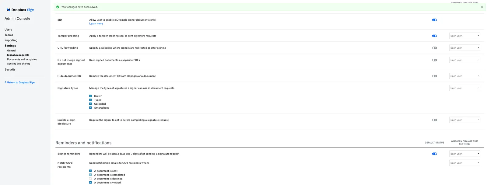 Screenshot of Dropbox Sign Admin Console with a success message