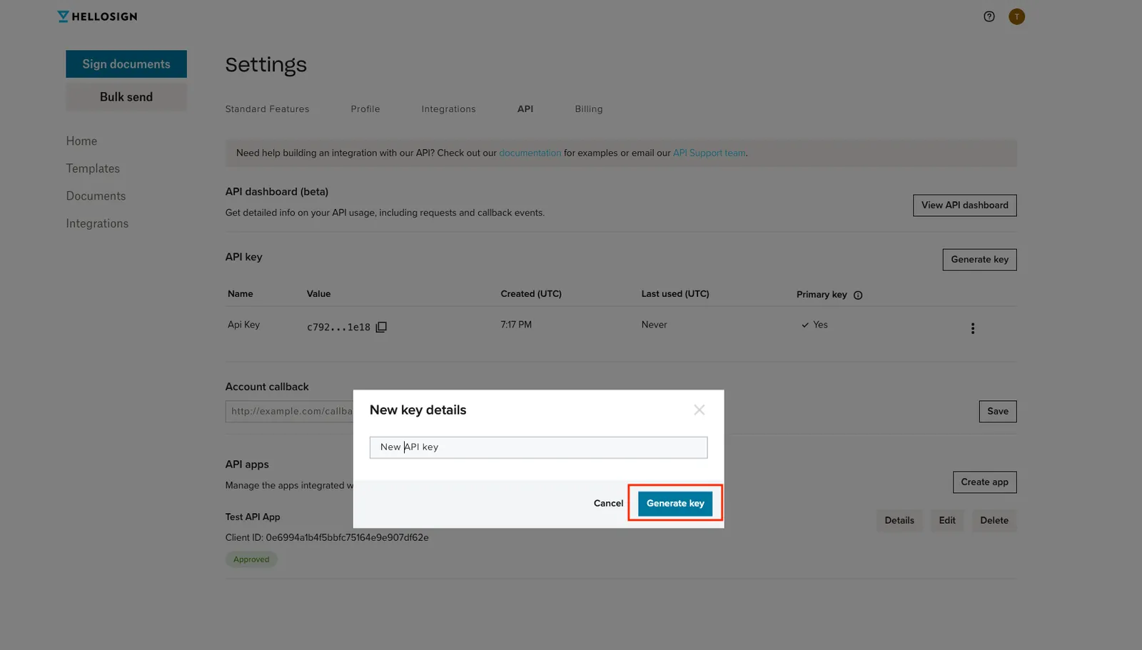 #width=650px; Screenshot of modal to name new key.