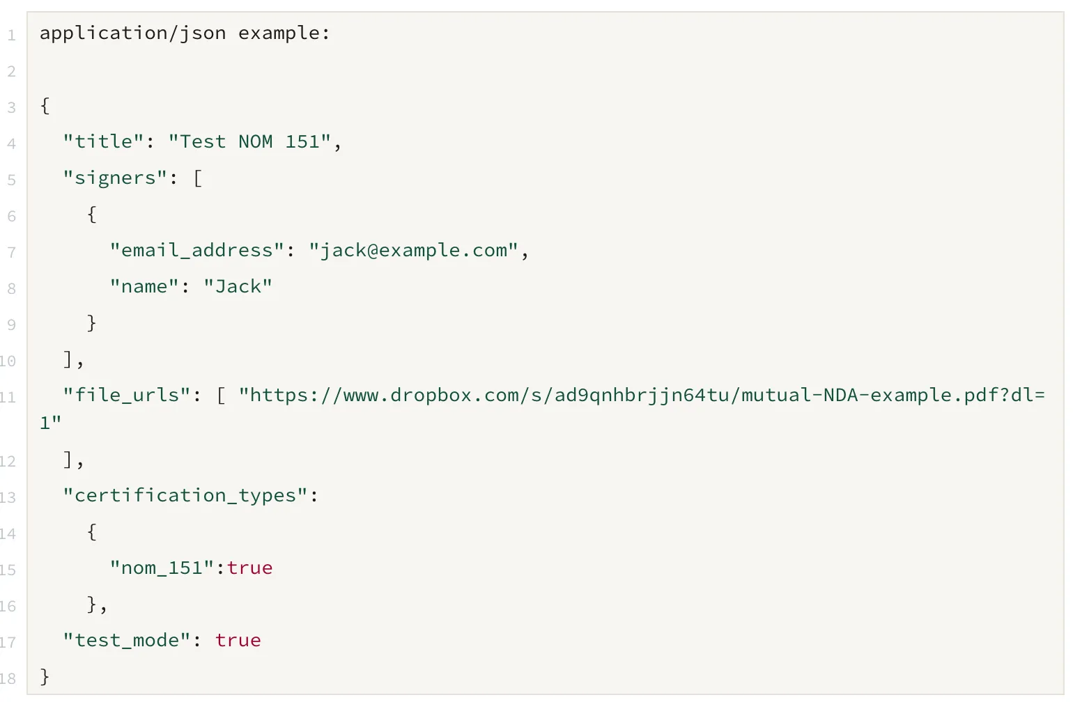 Image of application/json code example