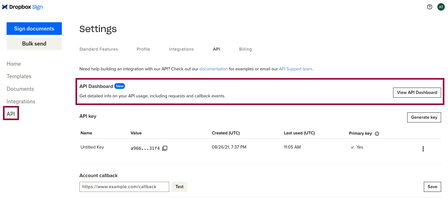The API settings page of Dropbox line with a box highlighting the location of the API dashboard link