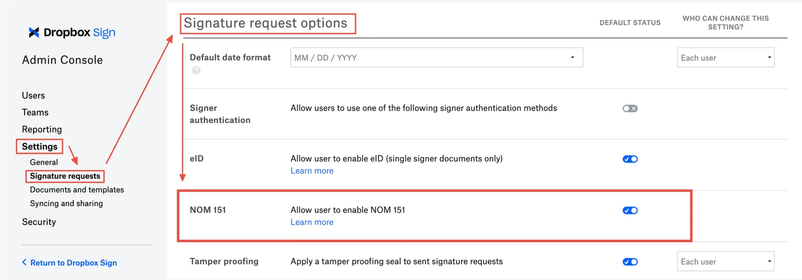 Image of NOM 151 option in Admin Console