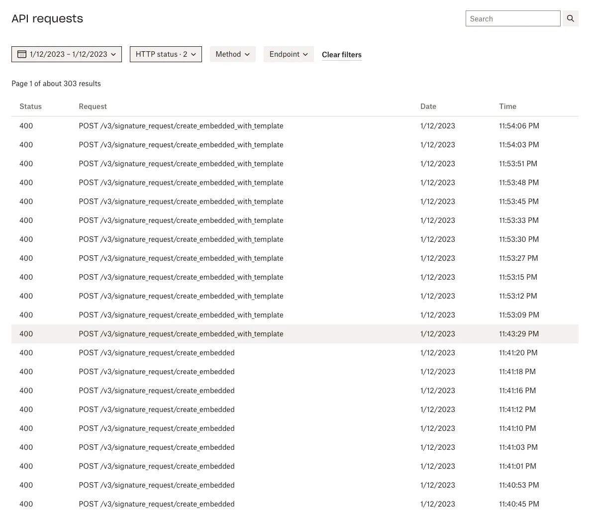 Api requests page with single entry selected