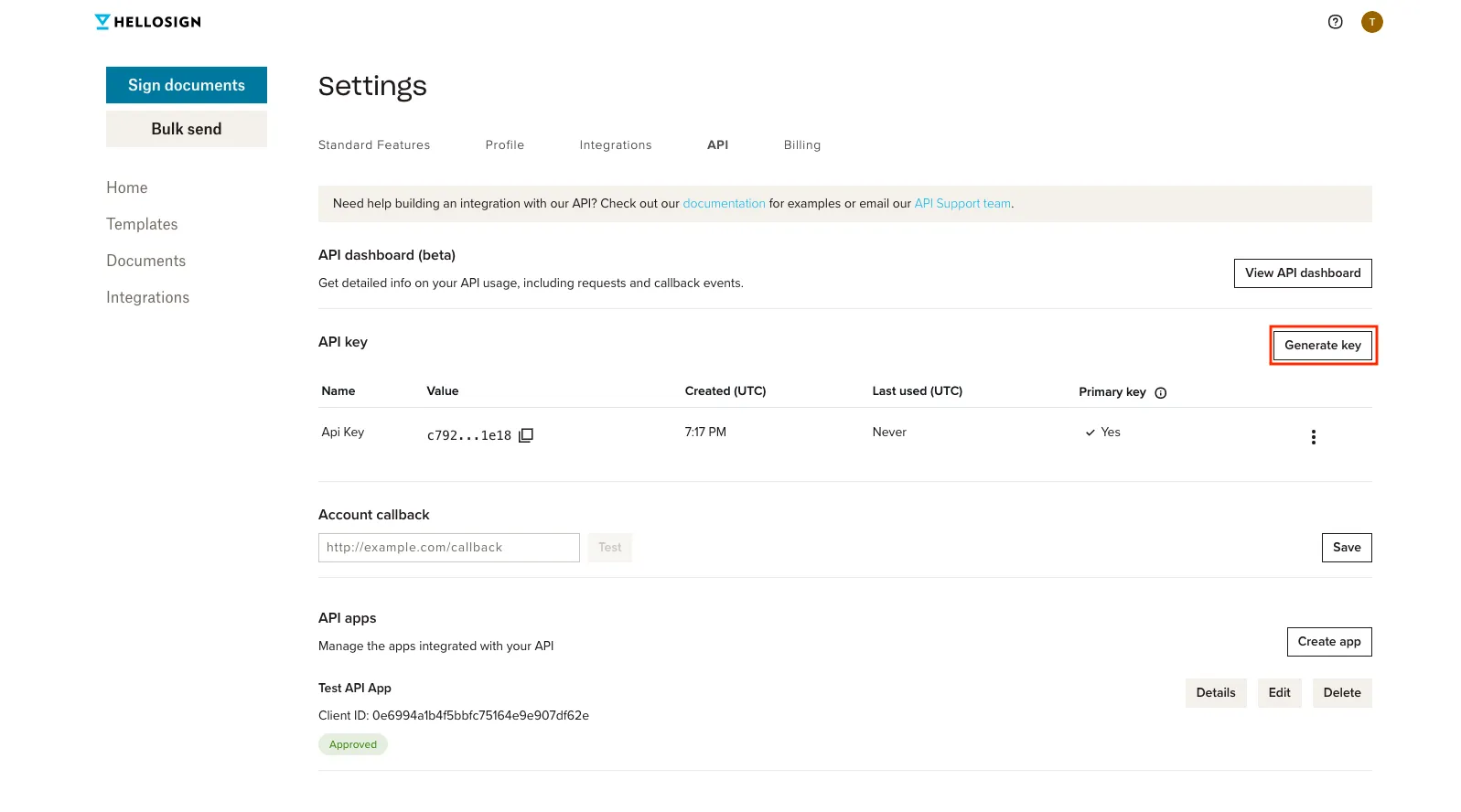 #width=650px; Screenshot of location of the Generate key button on api settings page.
