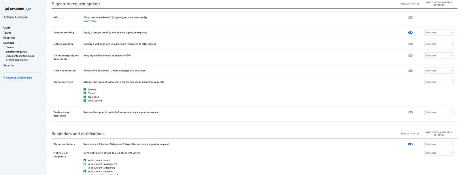 Screenshot of Dropbox Sign Admin Console