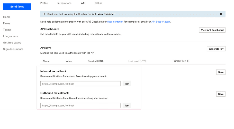 Fax API Callback URL Setting