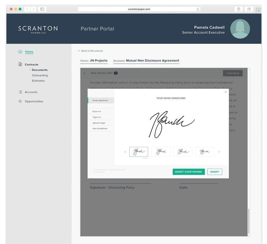 Shows the personalized in the signature modal as they choose from available signature options
