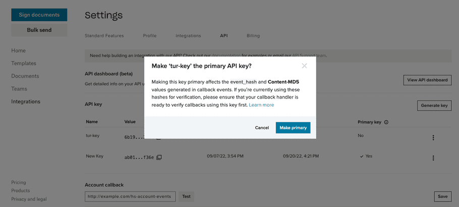 Screenshot showing a modal confirming you want to make the key primary.