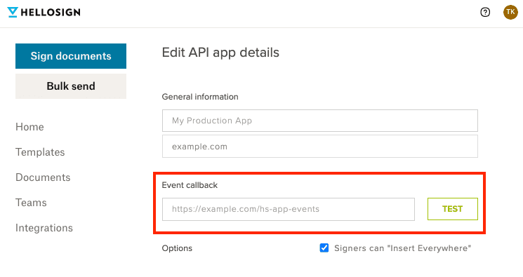 Screenshot of app callback url in api app settings page