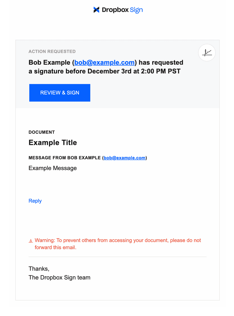 Screenshot of Signature Request Sent Email