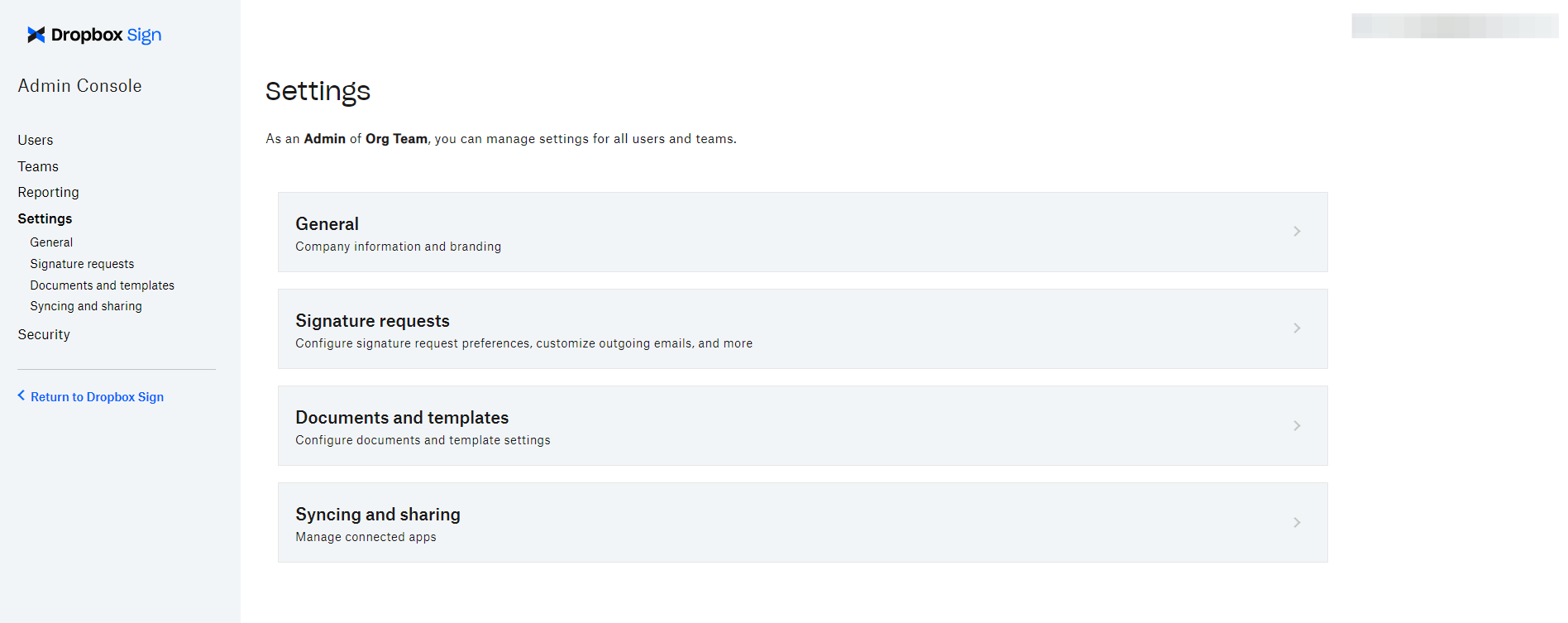 The Dropbox Sign Admin Console settings page.