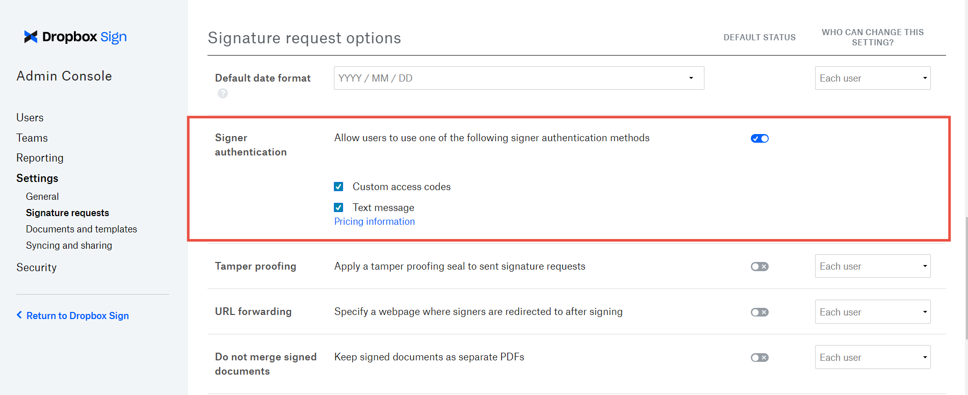 The Dropbox Sign Admin Console signer authentication setting.