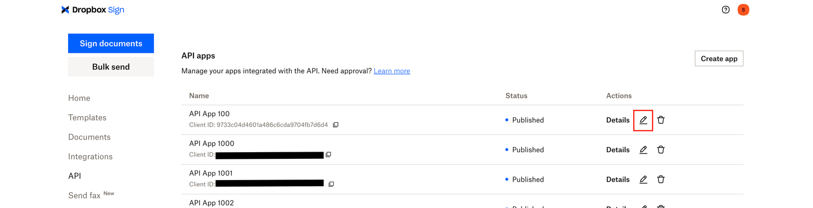 API app edit button