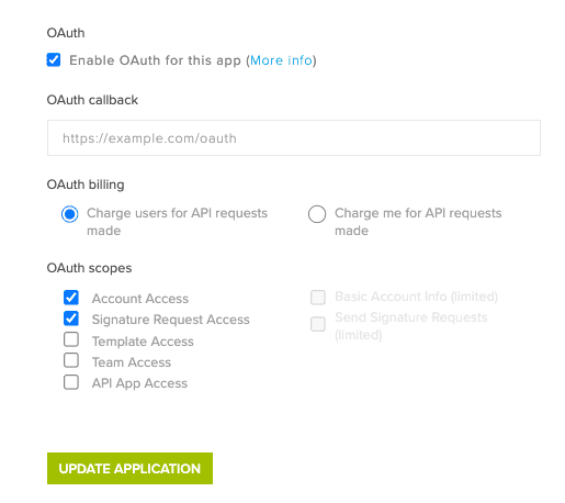 Screenshot of OAuth billing and scopes being selected