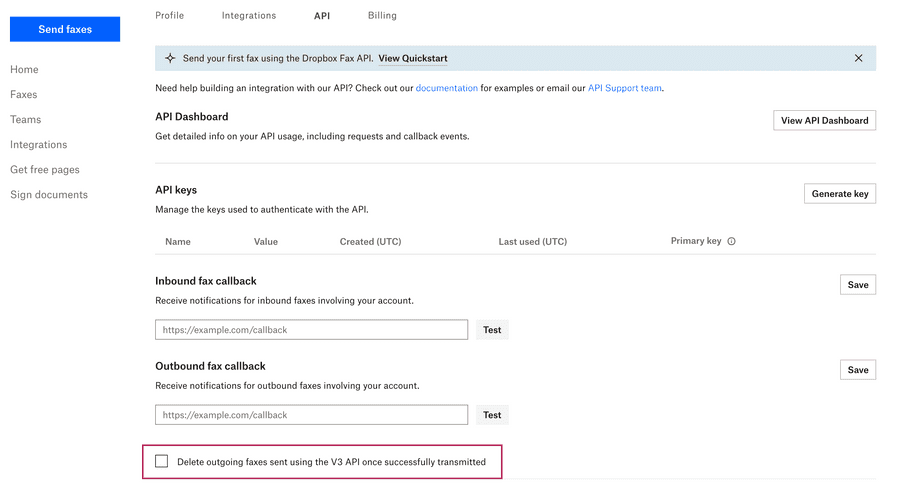 Fax API Delete Setting