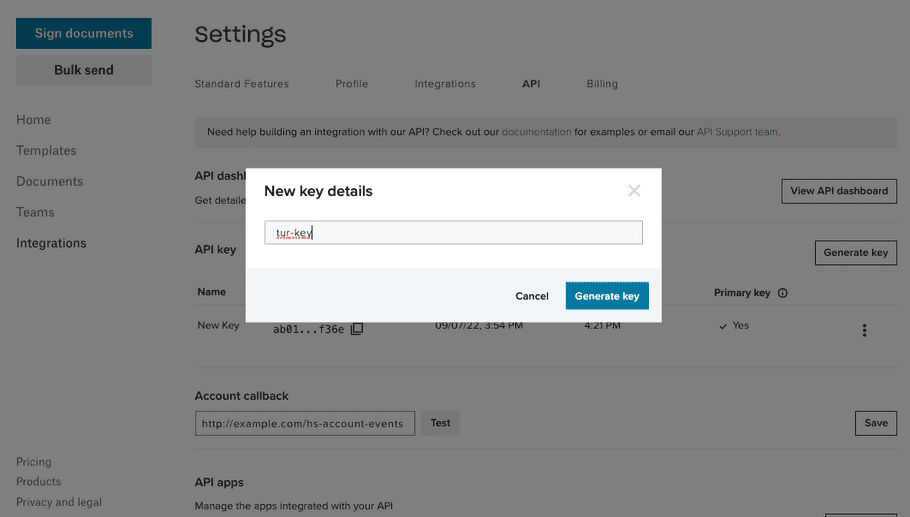 Screenshot showing a modal where users name new Dropbox Sign api keys.
