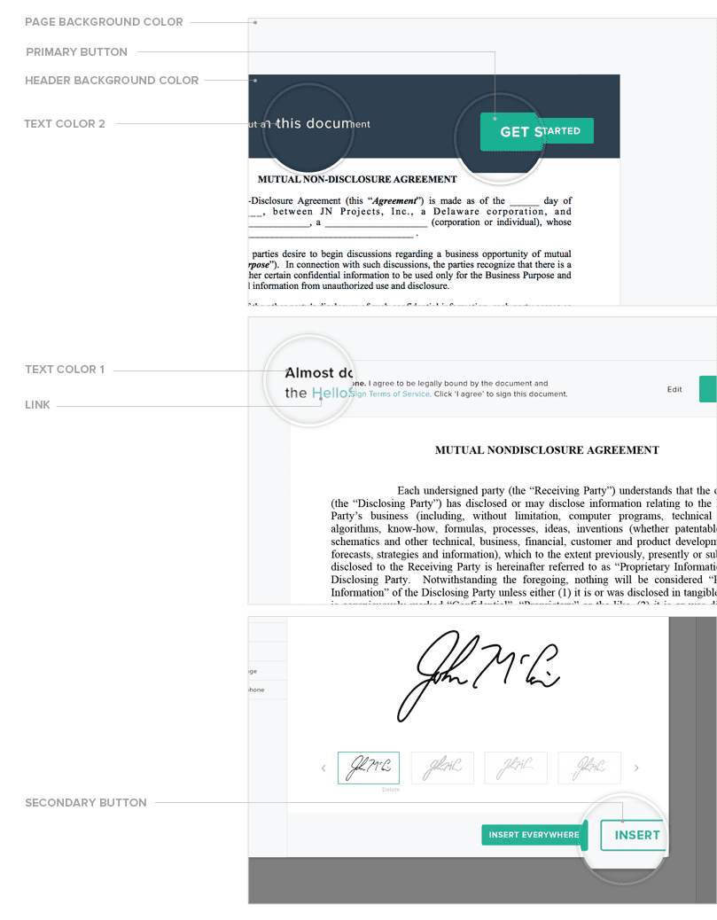 example of a personalized signing flow with parameters mapped to the element they control the styling for