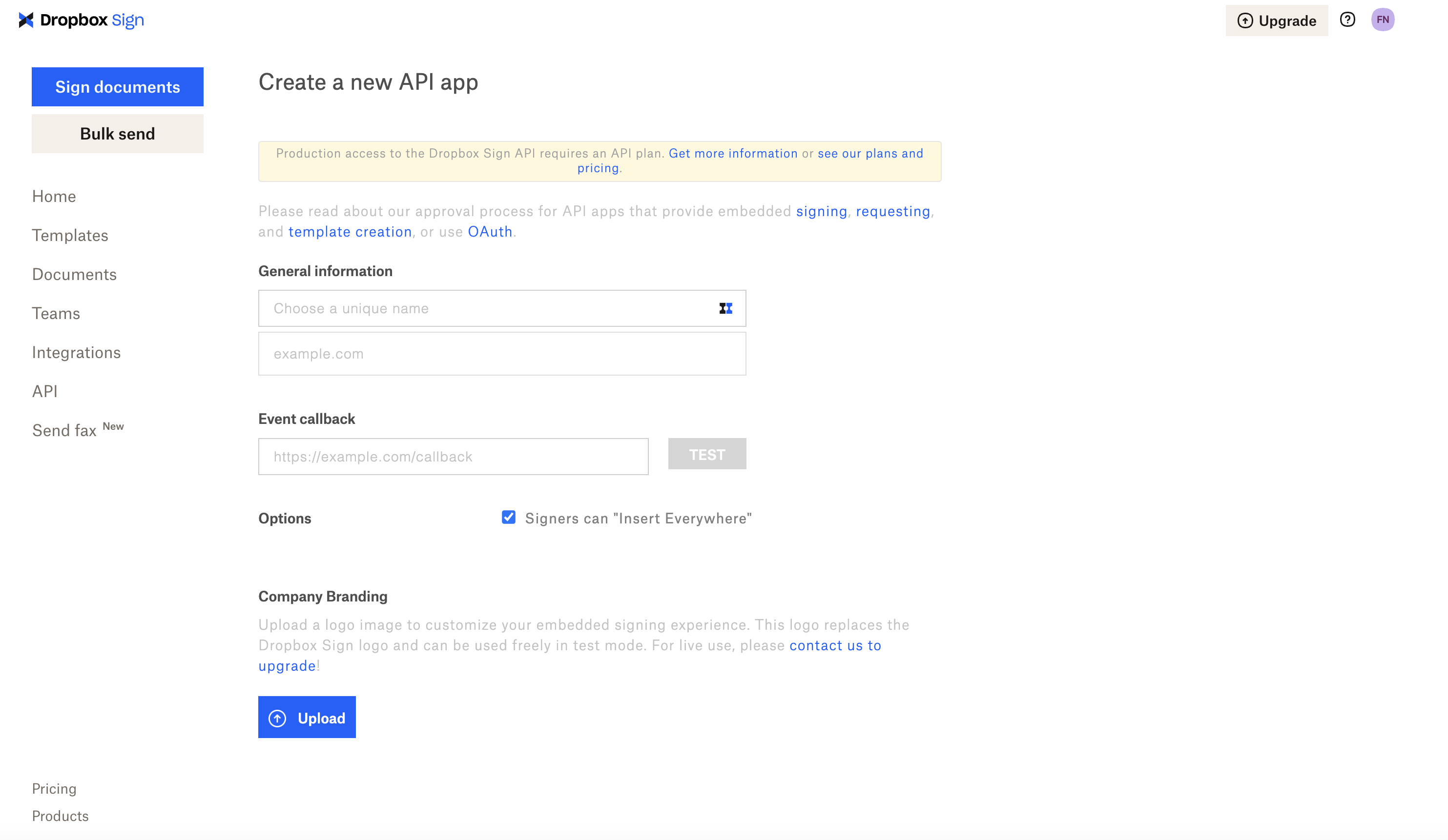 Image of Create a new API app page.