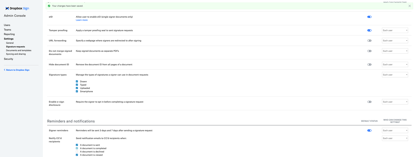 Screenshot of Dropbox Sign Admin Console with a success message