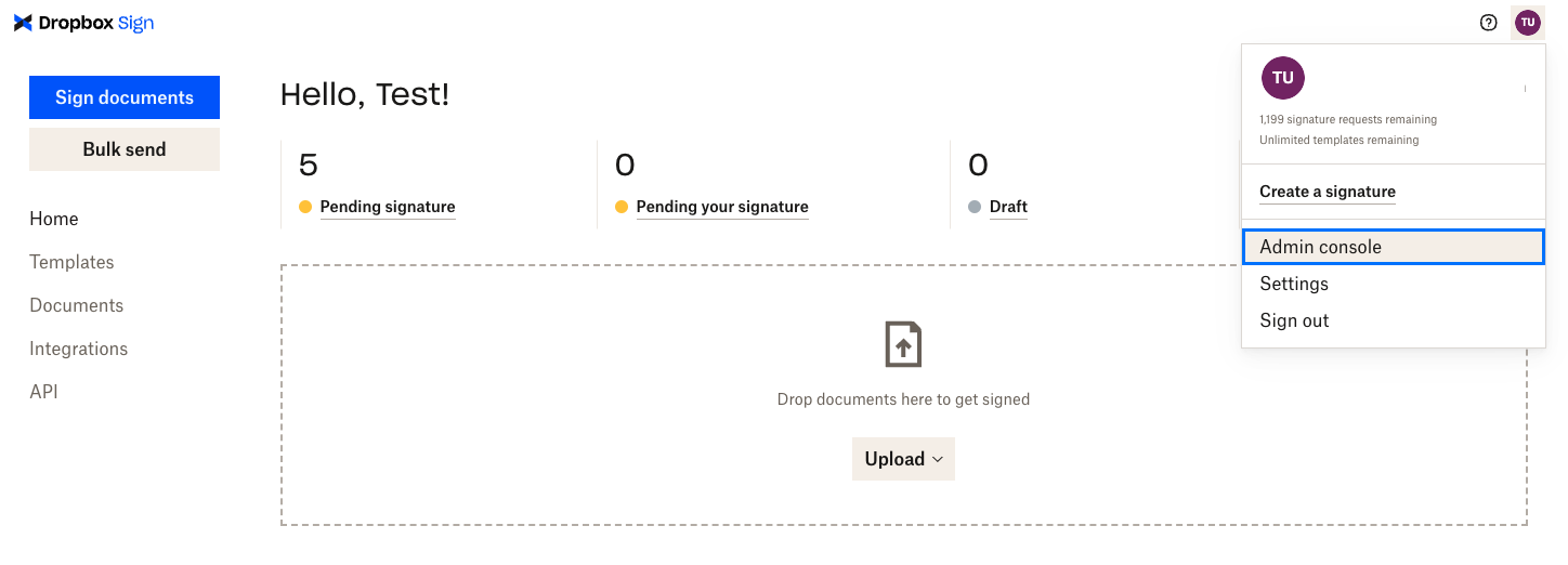 Screenshot of Dropbox Sign user menu