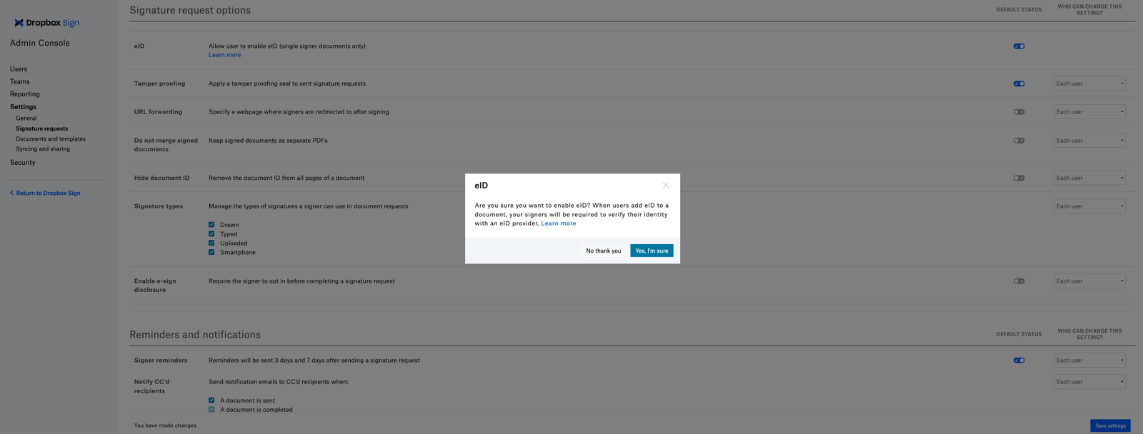 Screenshot of Dropbox Sign Admin Console with confirmation modal