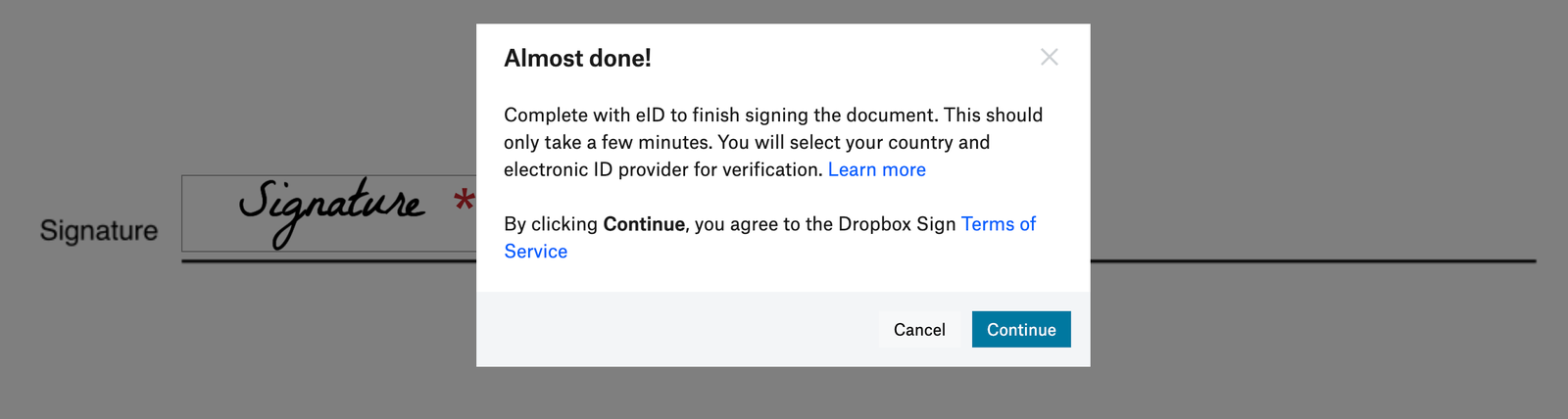 Screenshot of popup, saying 'Almost done! Complete with eID to finish signing the document'