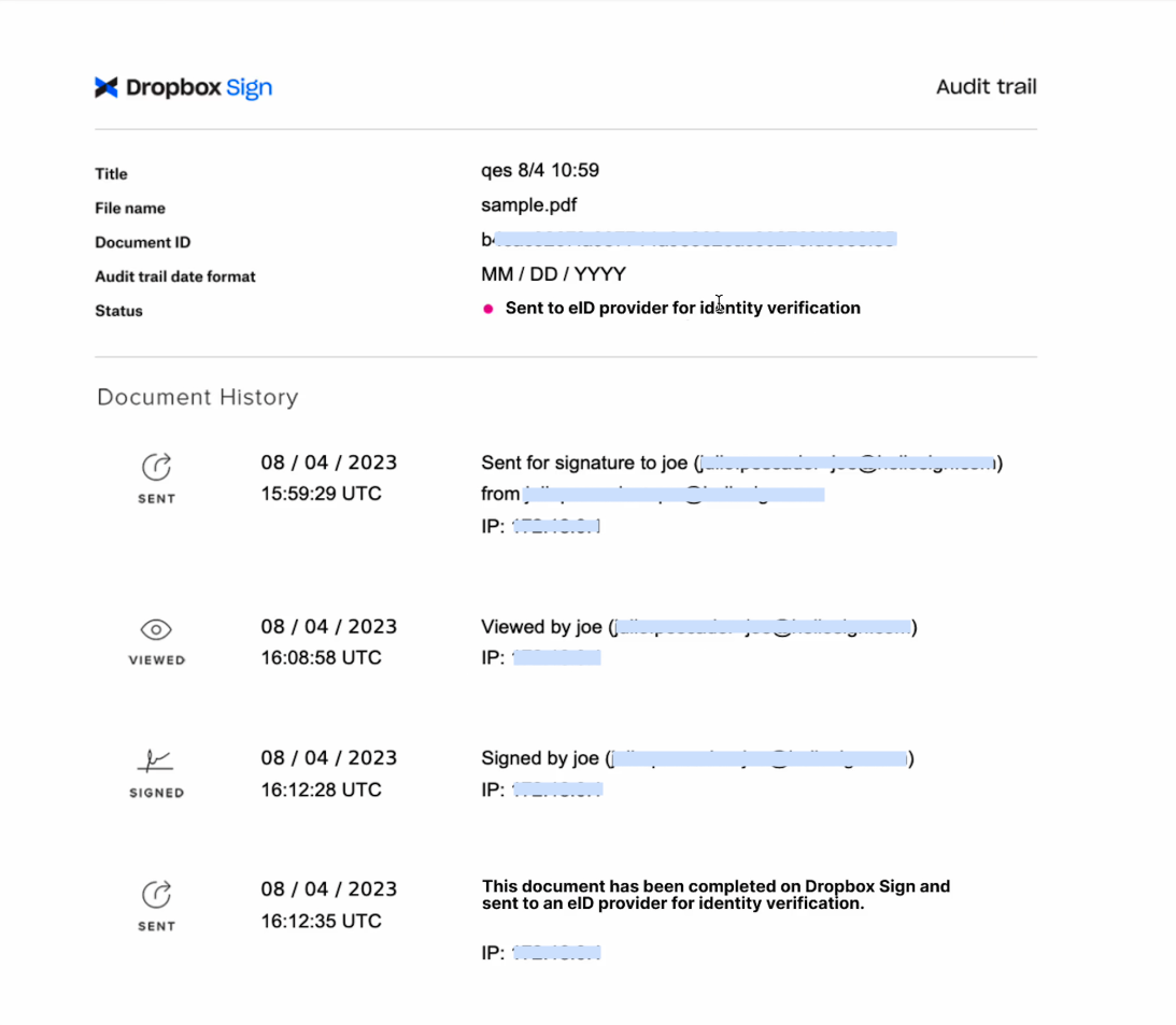 Screenshot of Dropbox Sign audit trail document, with an additional status 'Sent to eID provider for identity verification'