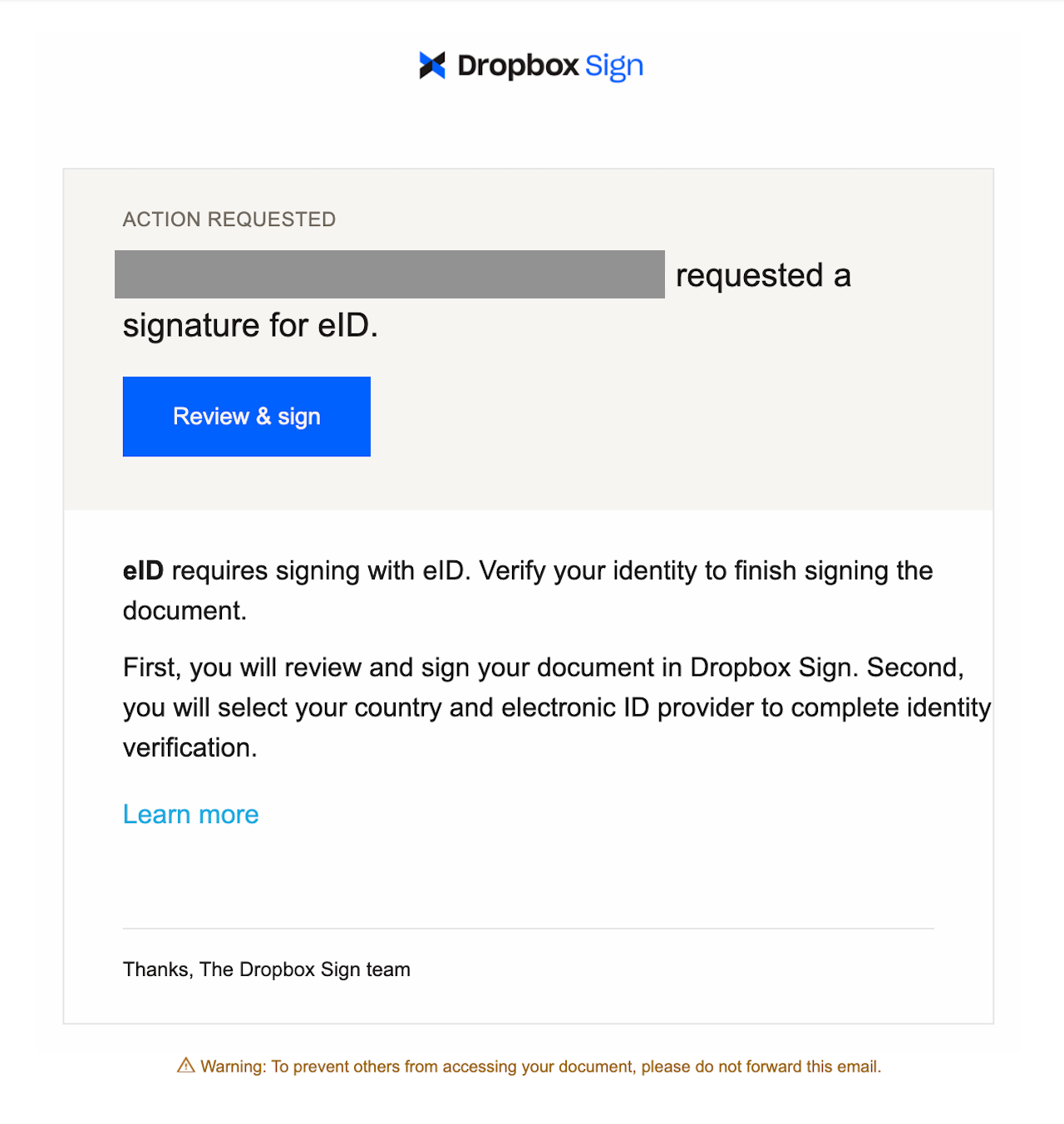 Screenshot of email, including the text '[document title] requires signing with eID. Verify your identity to finish signing the document. First, you will review and sign your document in Dropbox Sign. Second, you will select your country and electronic ID provider to complete identity verification.'