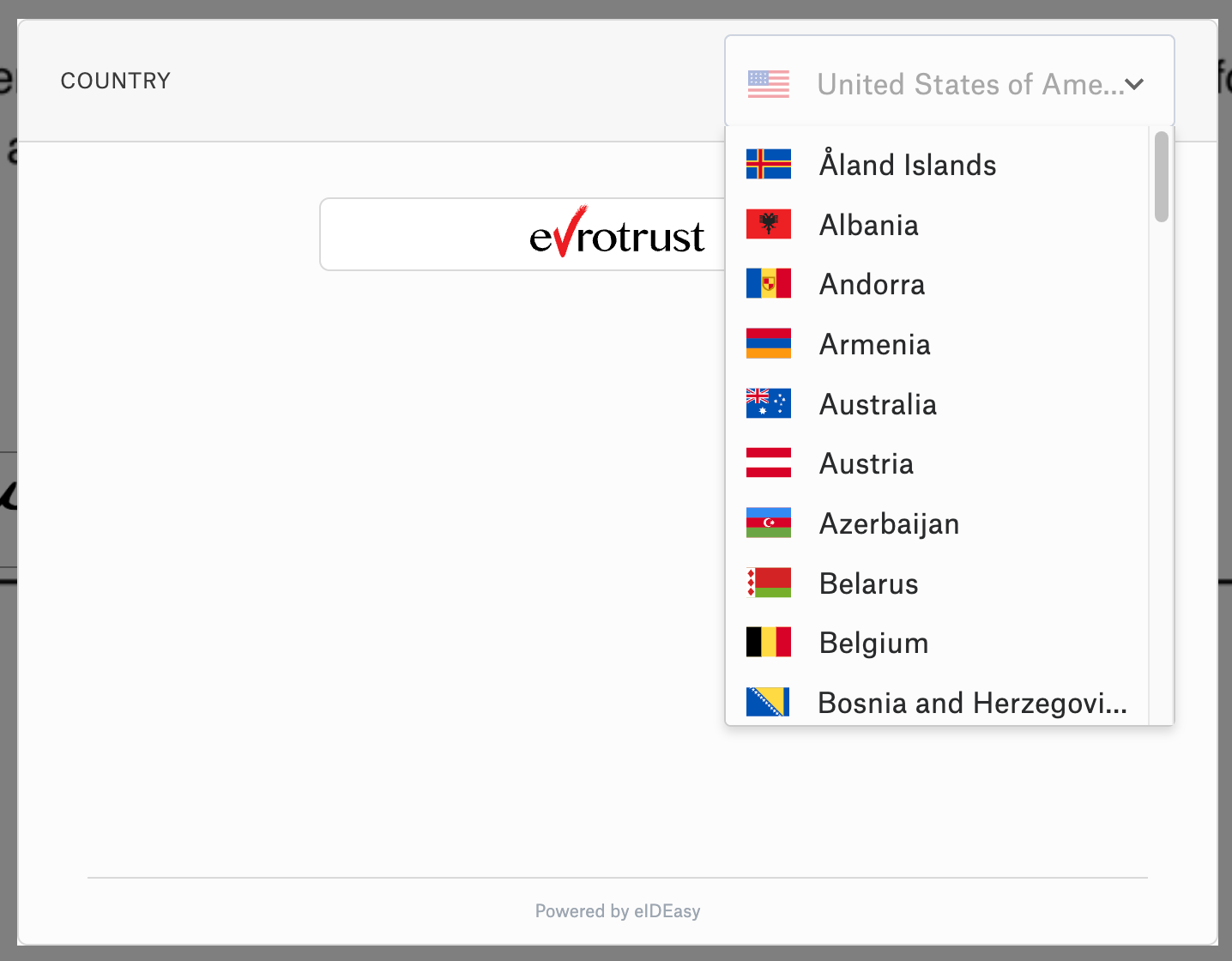 Screenshot of Dropbox Sign page, showing the user available eID country and authentication service combinations 