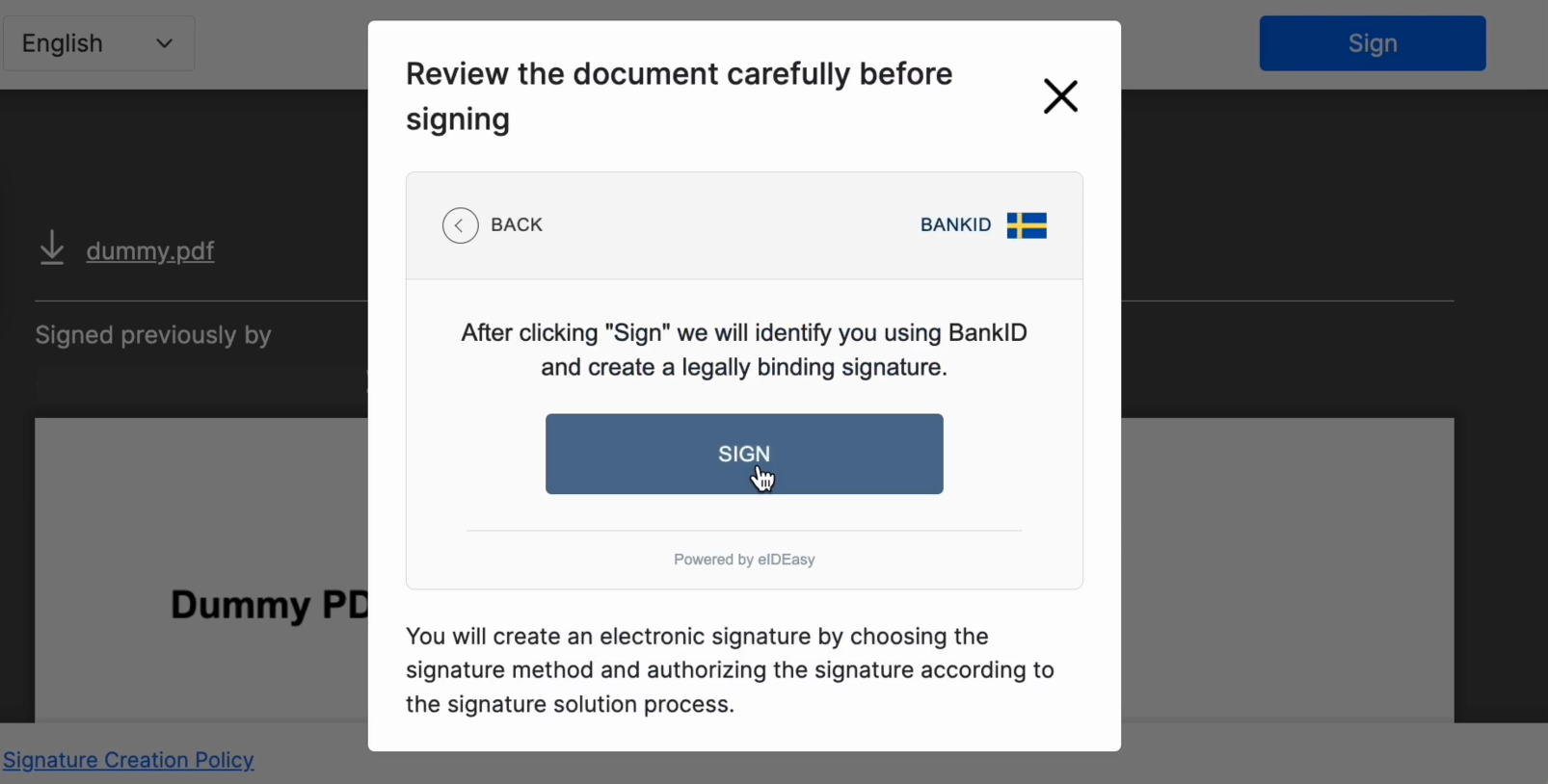 Screenshot of Dropbox Sign page, allowing user to log in to their eID provider