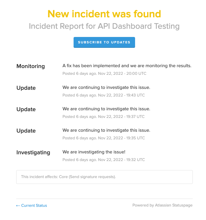 An incident report page containing a updates and a subscription button.